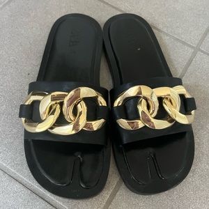 Zara large gold buckle black slides 8